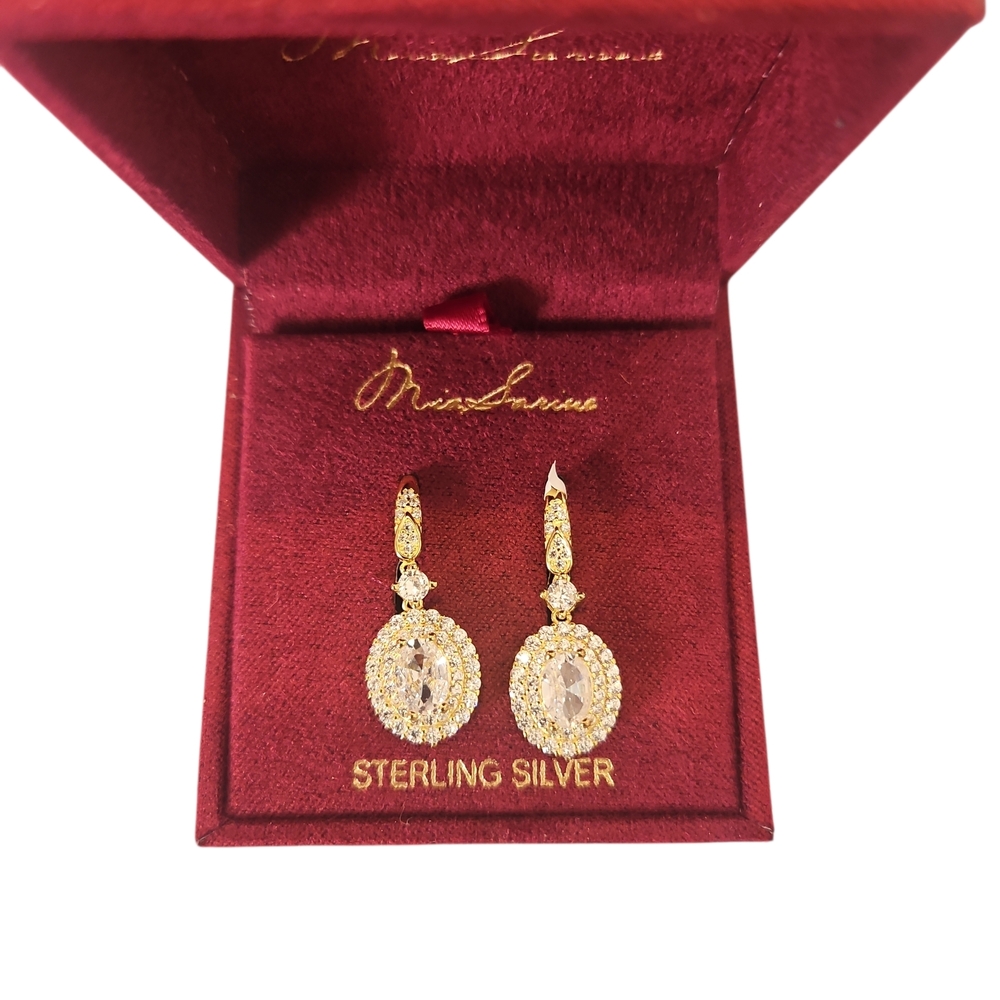 Mia Sarina Woman Goldtone Sterling Silver Zirconia Extreme Detail Drop Earrings